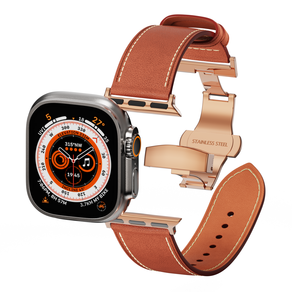 Genuine Leather Butterfly Clasp Band for Apple Watch,Rose Gold