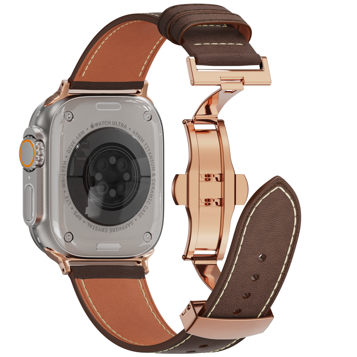 Genuine Leather Butterfly Clasp Band for Apple Watch,Rose Gold