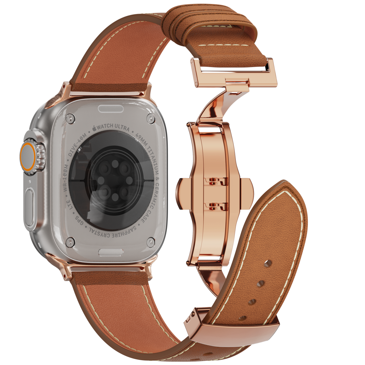 Genuine Leather Butterfly Clasp Band for Apple Watch,Rose Gold