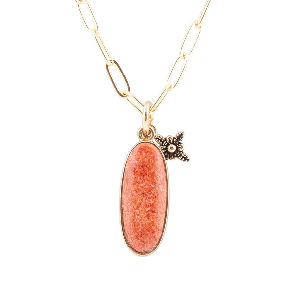 Lucent Orange Sponge Coral Pendant Golden Chain Necklace