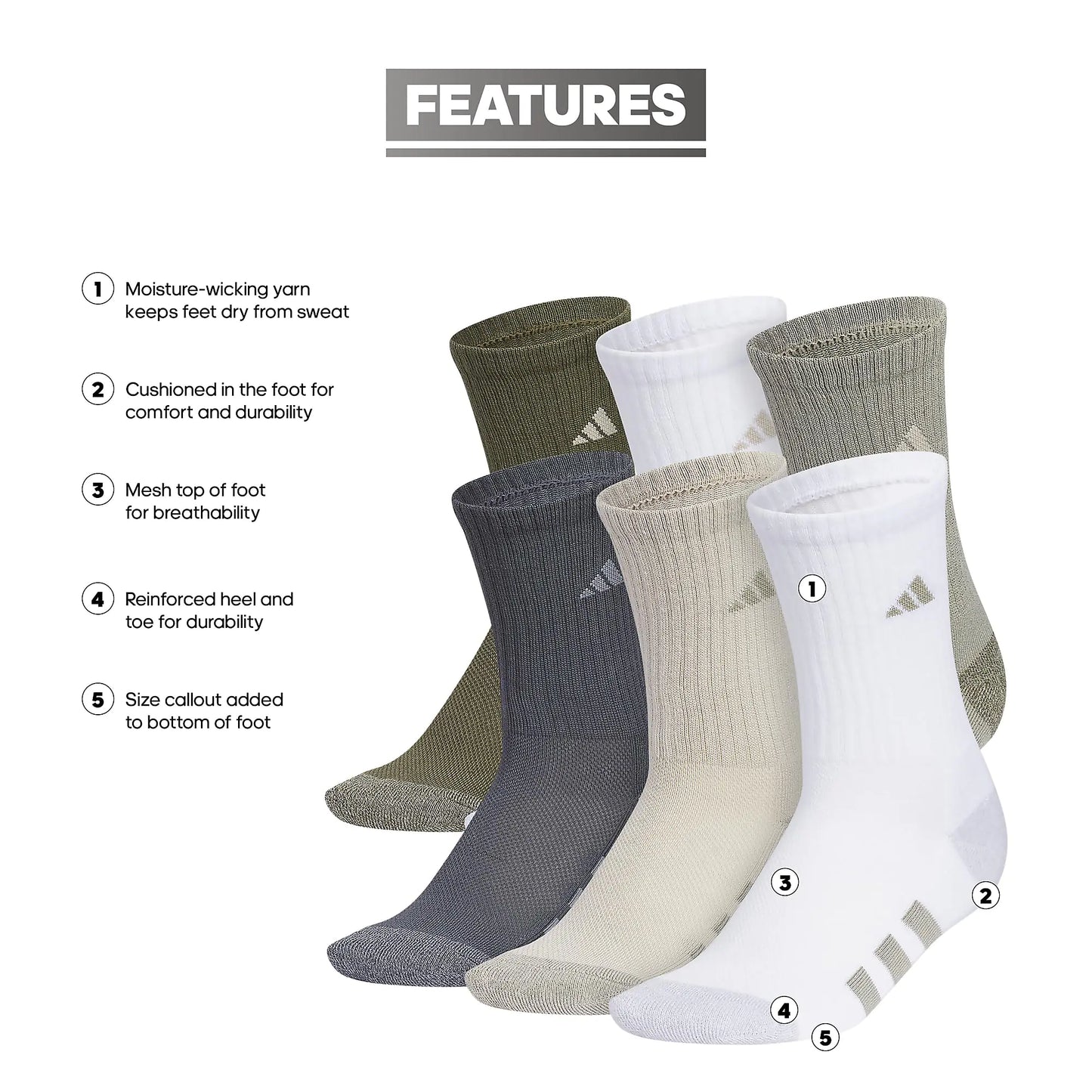 adidas Boys Athletic Cushioned Crew Socks (6-Pair) for Kids, Boys and Girls - durable, breathable fabric ready for Sport Medium Silver Pebble Grey/Putty Grey/White - # BOAA11810001