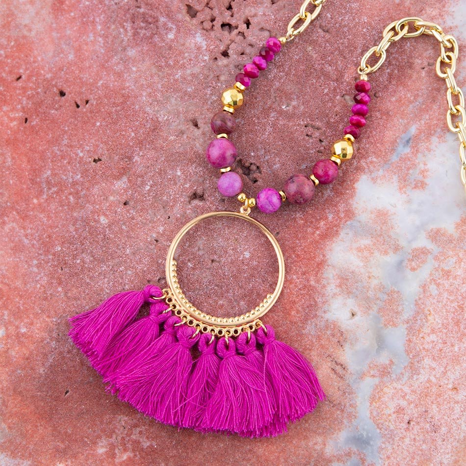 Pink Magenta Dreams Agate Tassel Golden Necklace