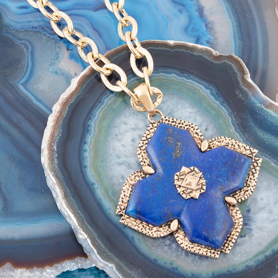 Maltese Cross Blue Lapis Golden Chain Pendant Necklace