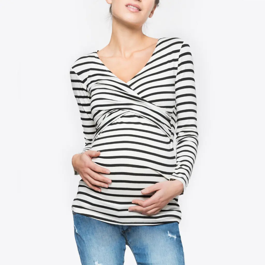 Women's Striped Long Sleeve V Neck Nursing T-Shirt - # BAGE211510104-NURSG