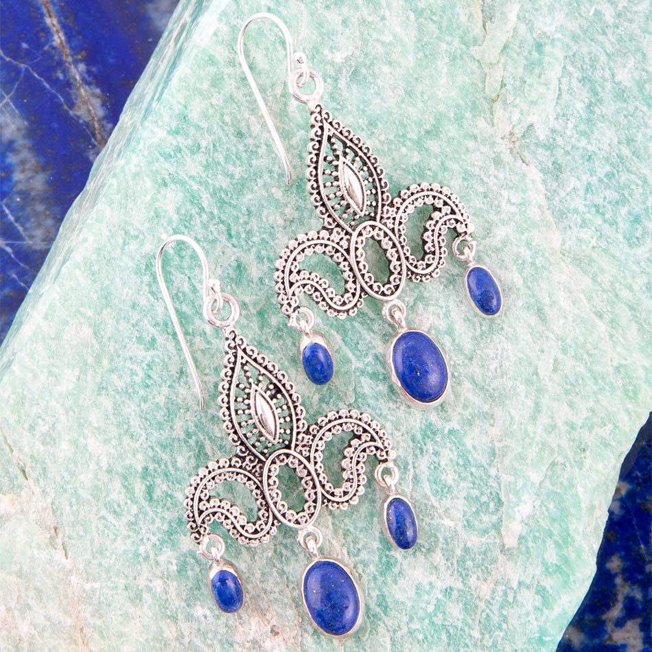 Mehendi Blue Lapis and Sterling Silver Chandelier Earrings