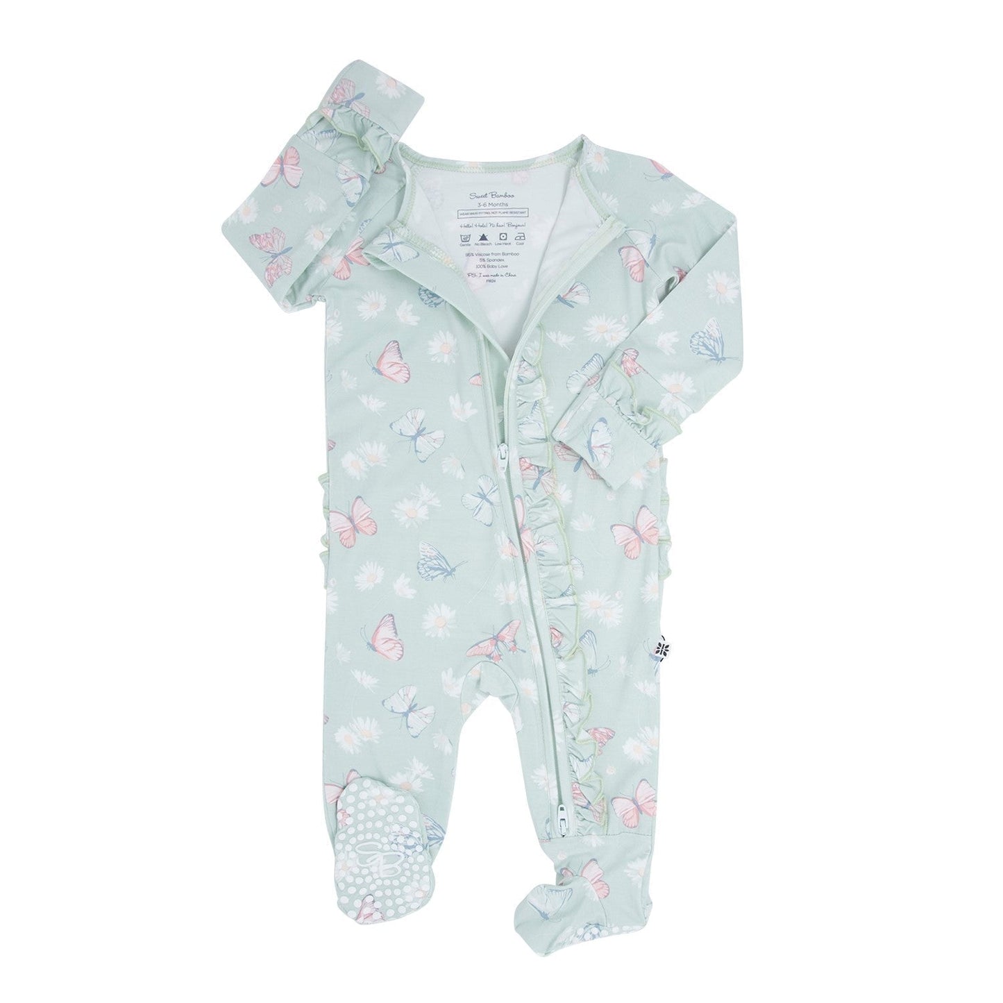 Mint Butterfly Daisy Bamboo Ruffle Baby Footie