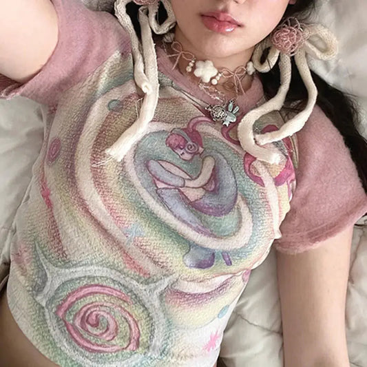 Sweet Girl Pink Plunge Sleeve Color Block T-shirt - # GIAA23510025