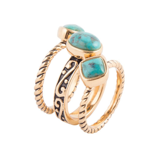 Multi-Shape Blue Turquoise and Golden Trio Ring Set