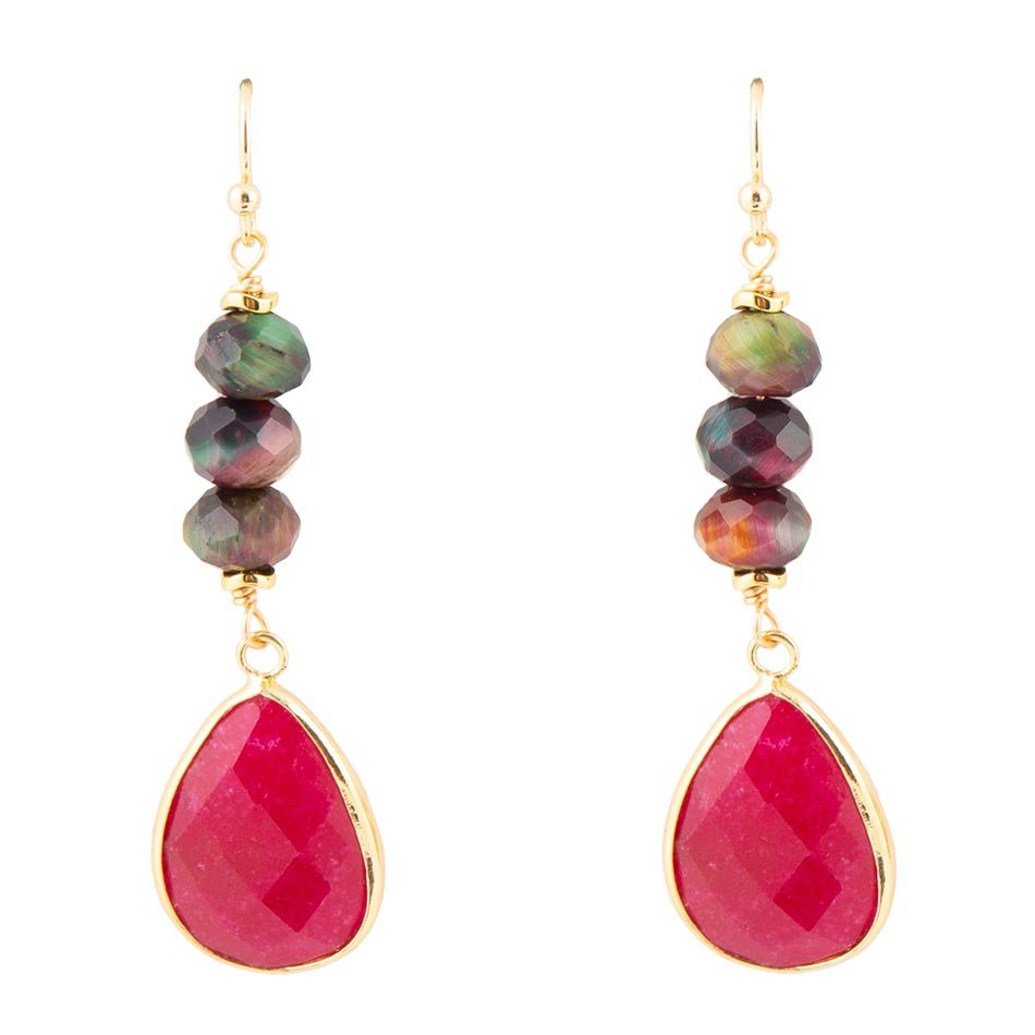 Jeweled Multicolor Tiger's Eye and Pink Agate Golden Drop Earrings