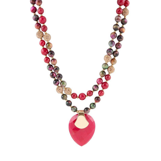 Jeweled Multi-Color Tiger's Eye and Rasberry Quartz Pendant Golden Necklace
