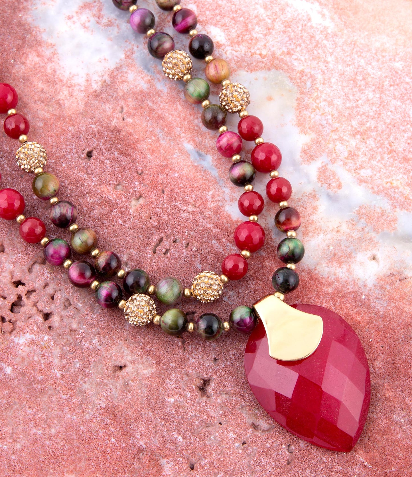 Jeweled Multi-Color Tiger's Eye and Rasberry Quartz Pendant Golden Necklace