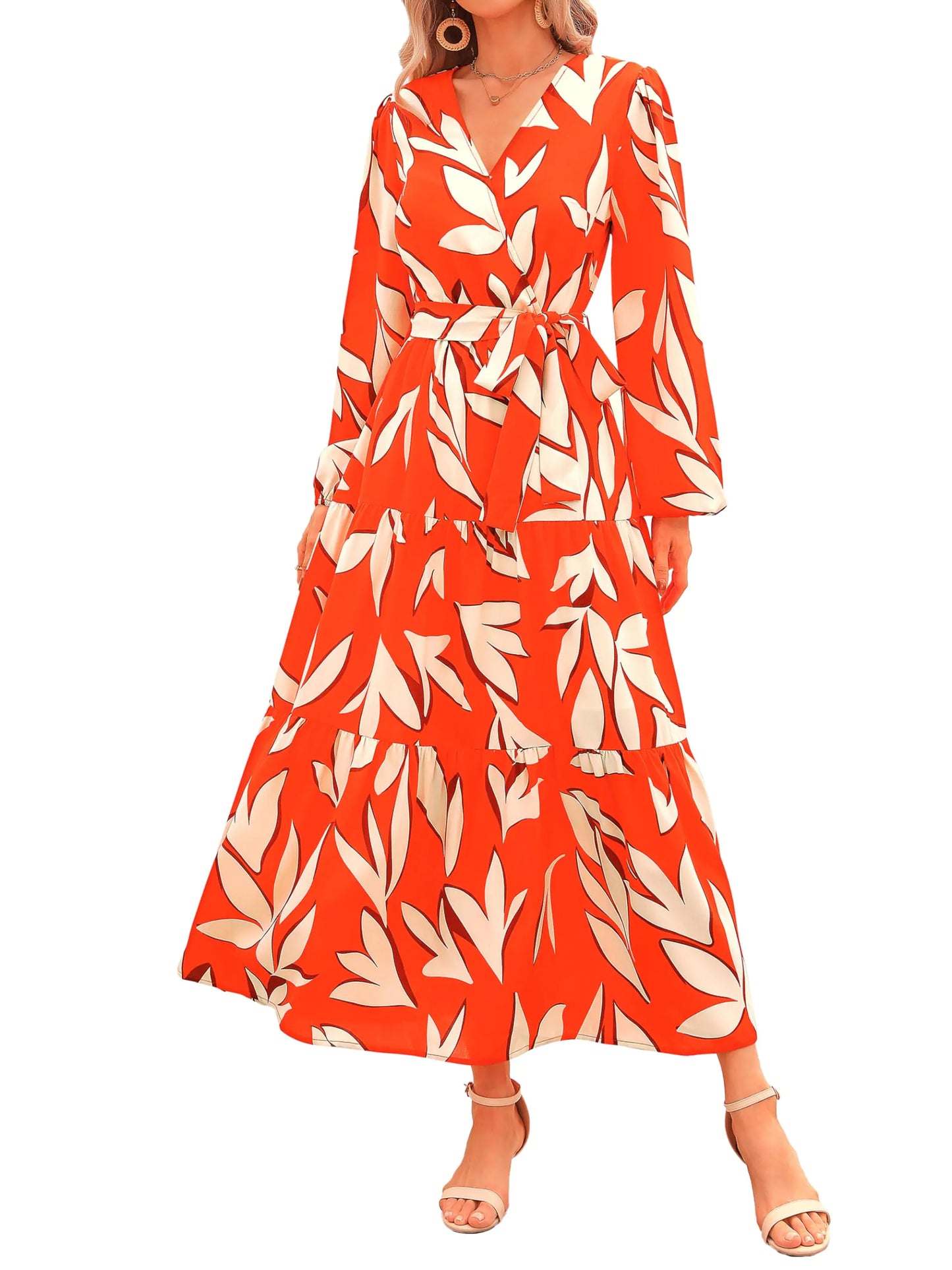 PRETTYGARDEN Womens Fall Long Sleeve Wrap V Neck Ruffle Floral Maxi Dress Casual Tie Waist Boho Chiffon Flowy Long Dresses XX-Large F-orange White - # GIAA231710002