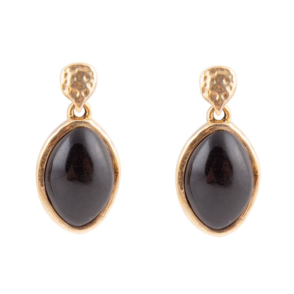 Black Onyx Hammered Post Drop Golden Earrings