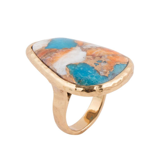 Orange Spiny Oyster and Blue Turquoise Matrix Abstract Golden Ring