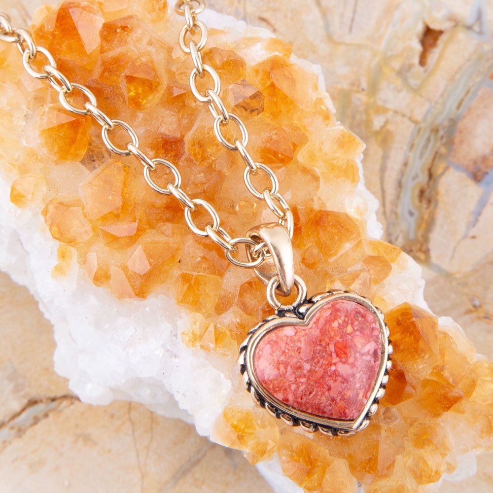 Orange Sponge Coral Heart Pendant and Golden Bronze Necklace