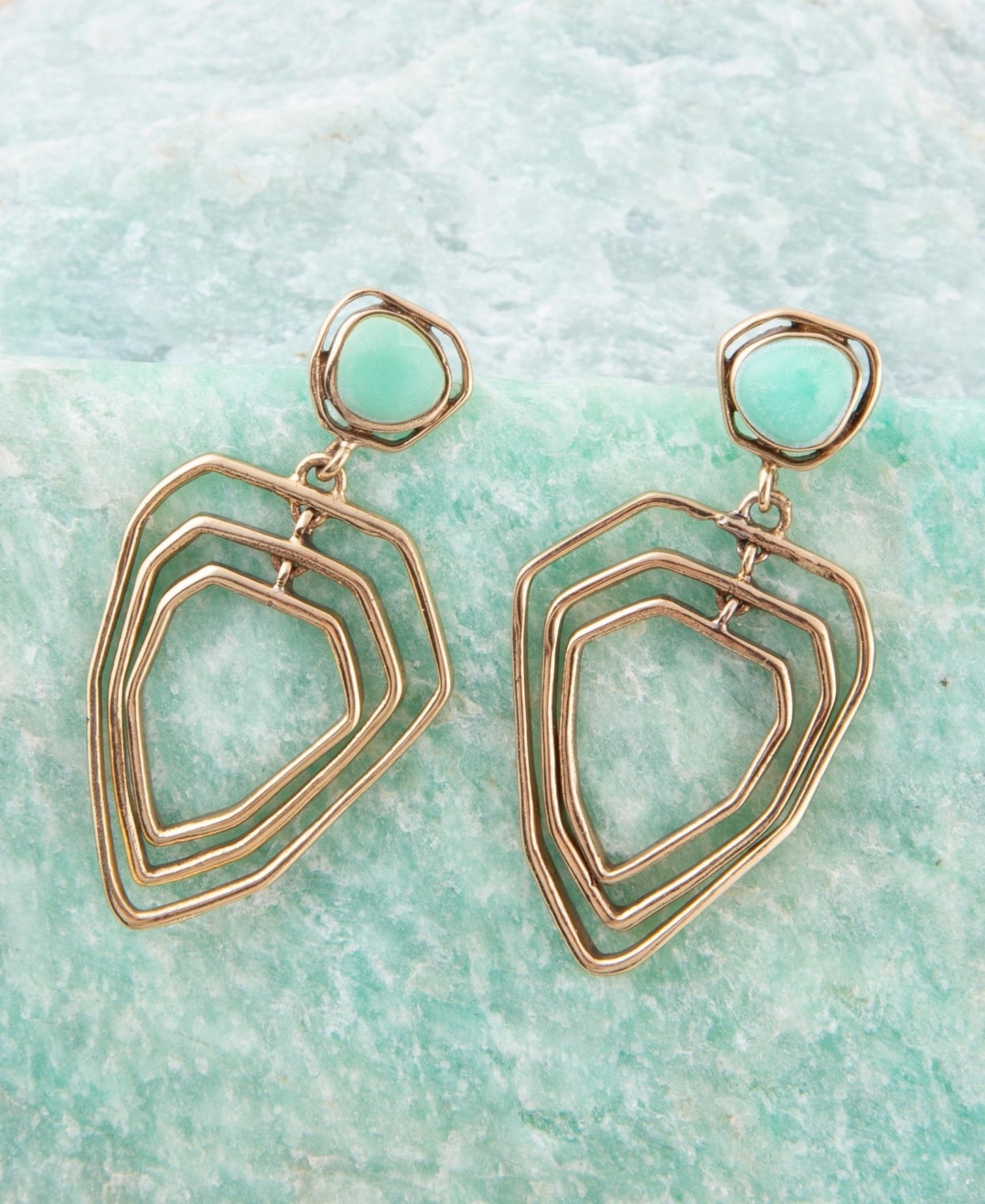 Organic Green Chrysoprase and Golden Bronze Drop Earrings