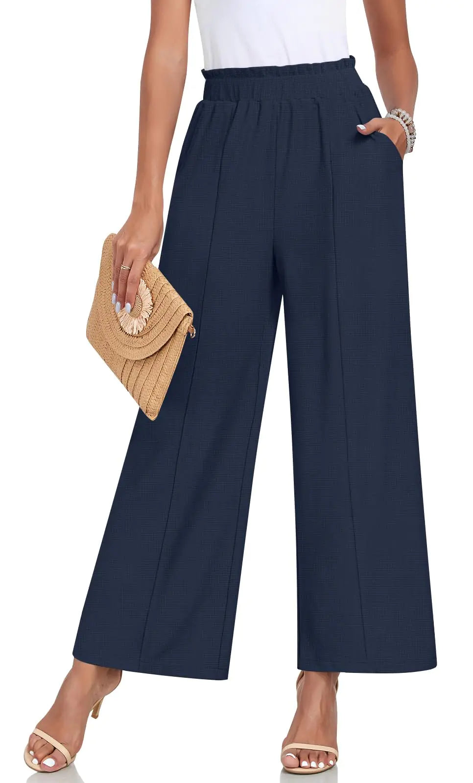 Anyally Womens Loose Wide Leg Pants Business Casual Elastic Waisted Palazzo Harem Pants with Pockets Work Trousers XL Navy Blue - # GIAA23410017