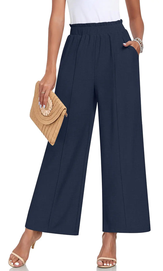 Anyally Womens Loose Wide Leg Pants Business Casual Elastic Waisted Palazzo Harem Pants with Pockets Work Trousers XL Navy Blue - # GIAA23410017