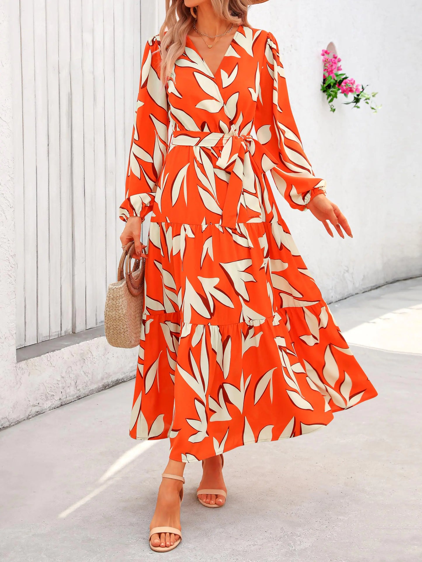 PRETTYGARDEN Womens Fall Long Sleeve Wrap V Neck Ruffle Floral Maxi Dress Casual Tie Waist Boho Chiffon Flowy Long Dresses XX-Large F-orange White - # GIAA231710002