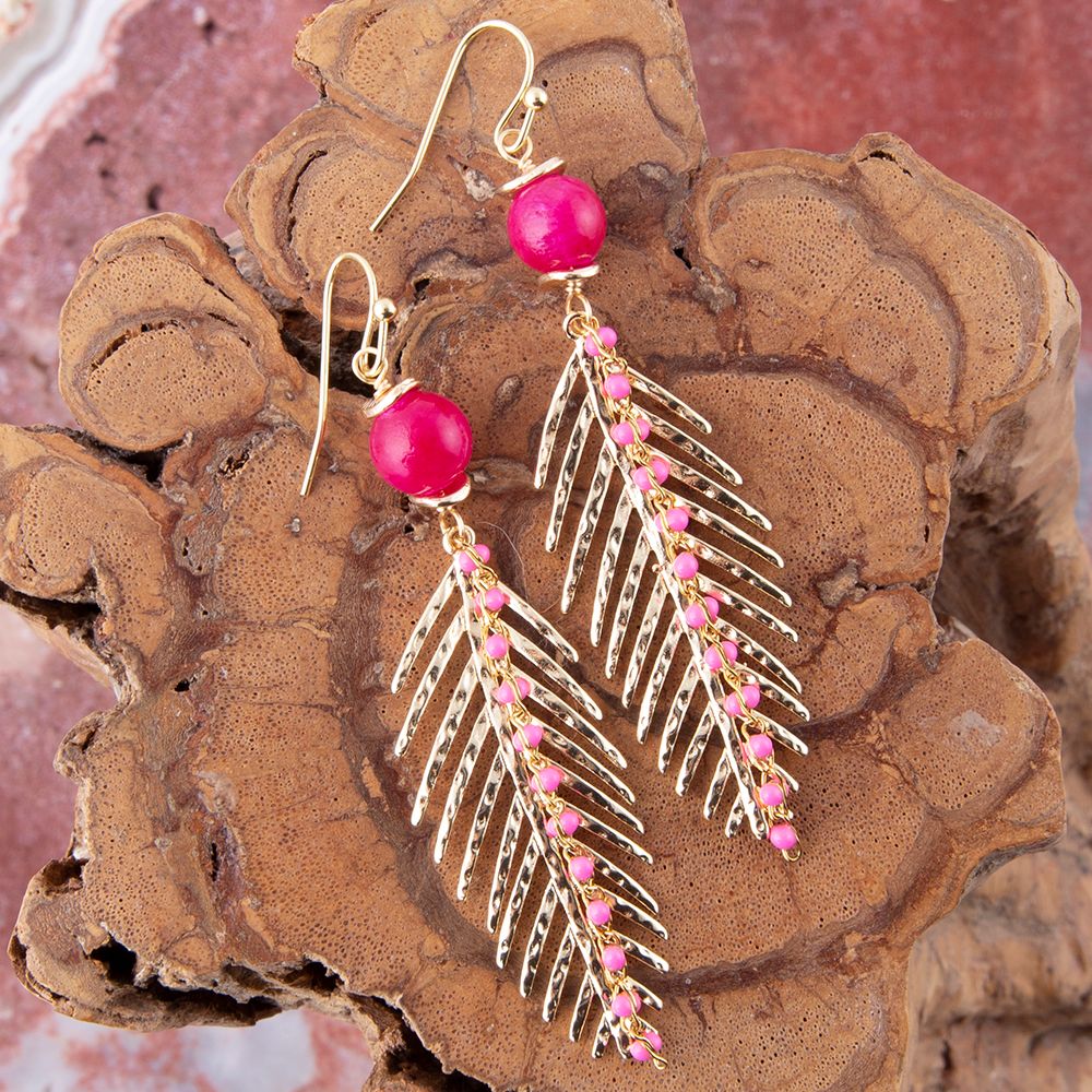 Peony Fuchsia Pink Jade Feather Drop Earrings
