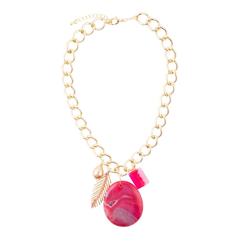 Peony Fuschsia Pink Agate Golden Charm Necklace