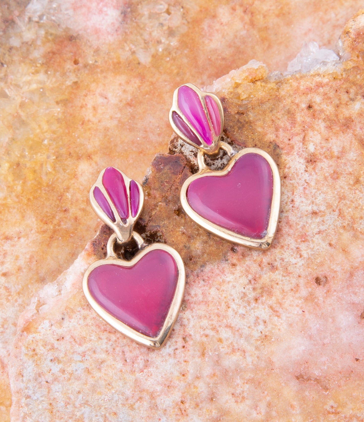 Pink Agate Heart Drop Golden Earrings