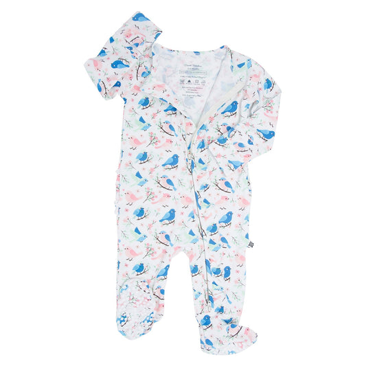 Pink and Blue Songbirds Ruffle Baby Footie