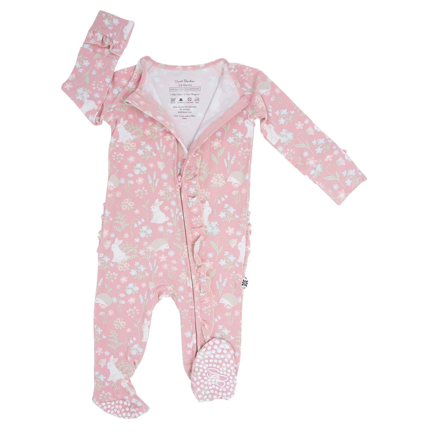Pink Bunny Floral Baby Ruffle Footie