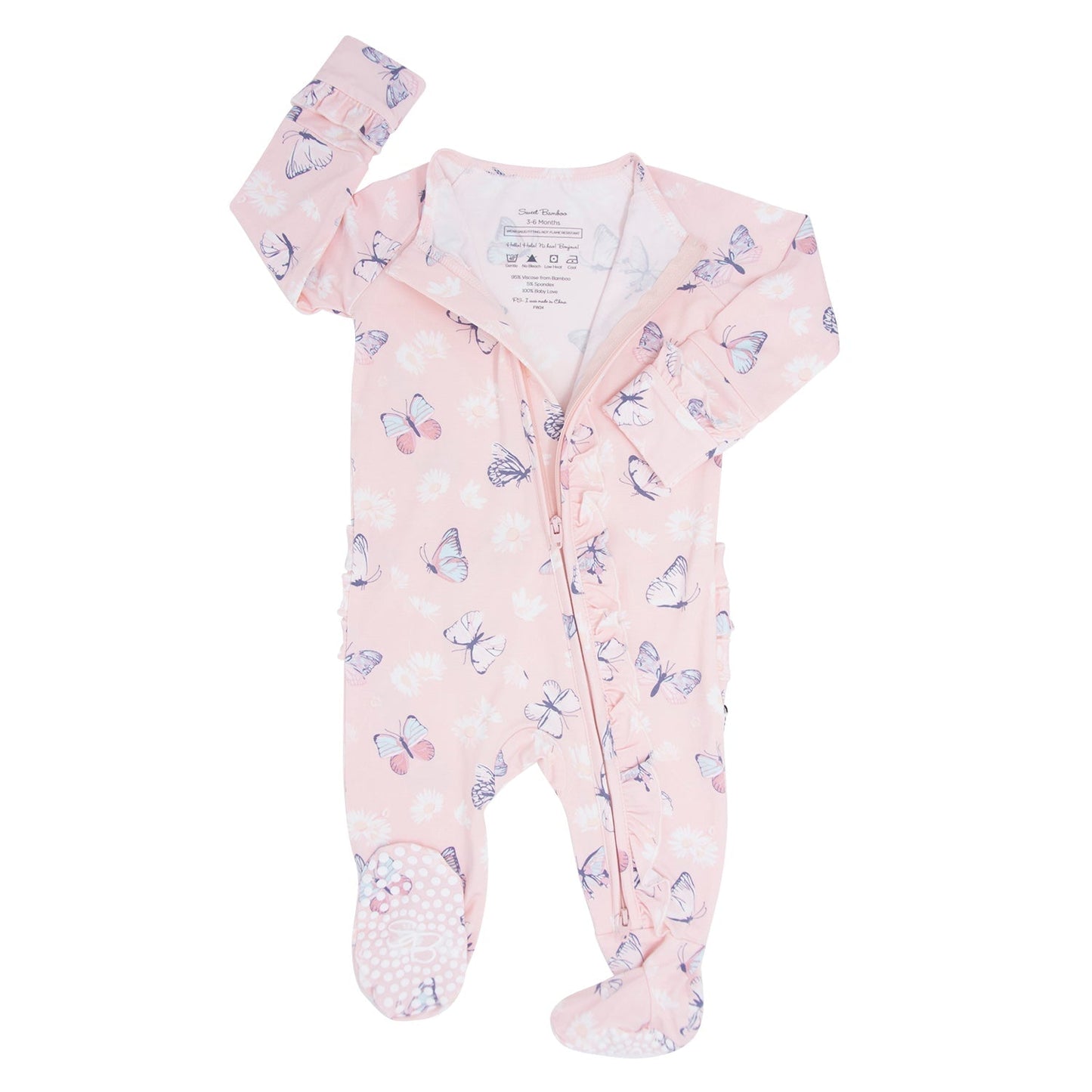 Pink Butterfly Daisy Bamboo Ruffle Footie