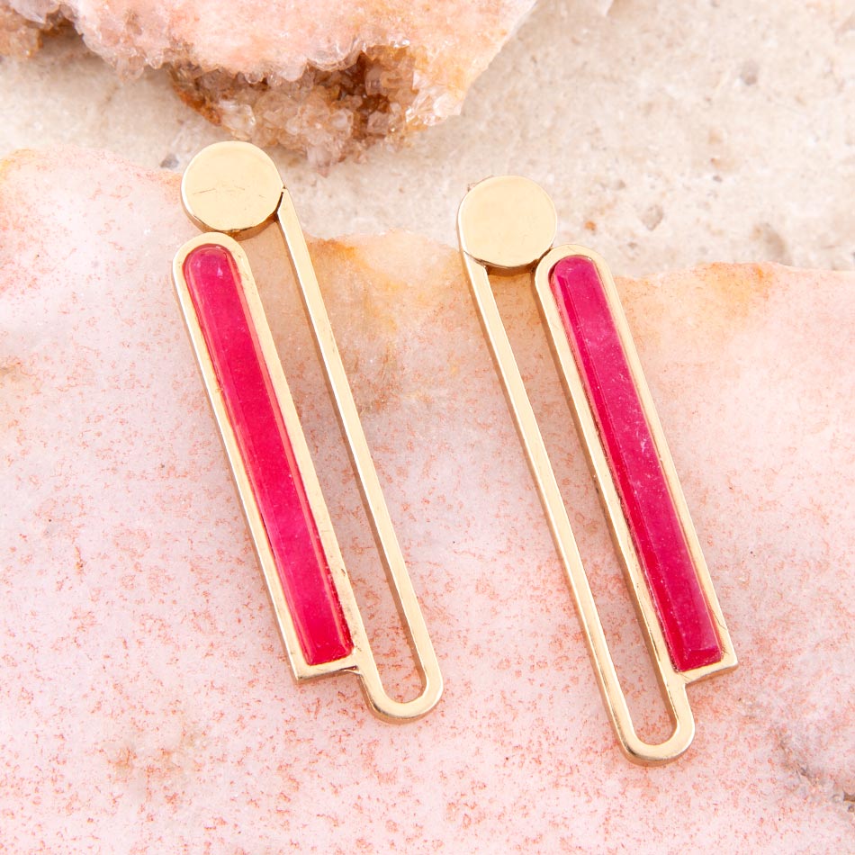Pink Raspberry Quartz Elongated Golden Post Earrings