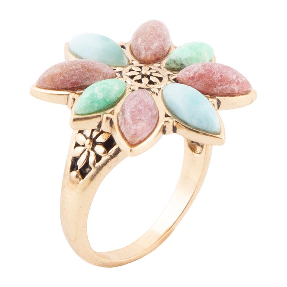 Pink Rhodonite Blue Amazonite and Green Varacite Petals Golden Statement Ring