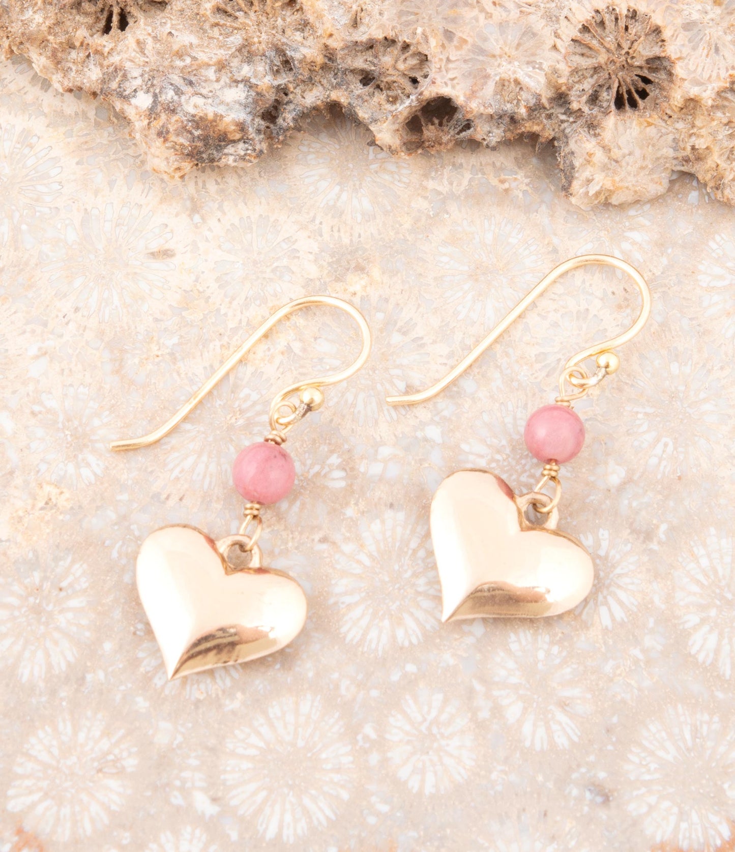 Pink Rhodonite and Golden Bronze Heart Charm Earrings