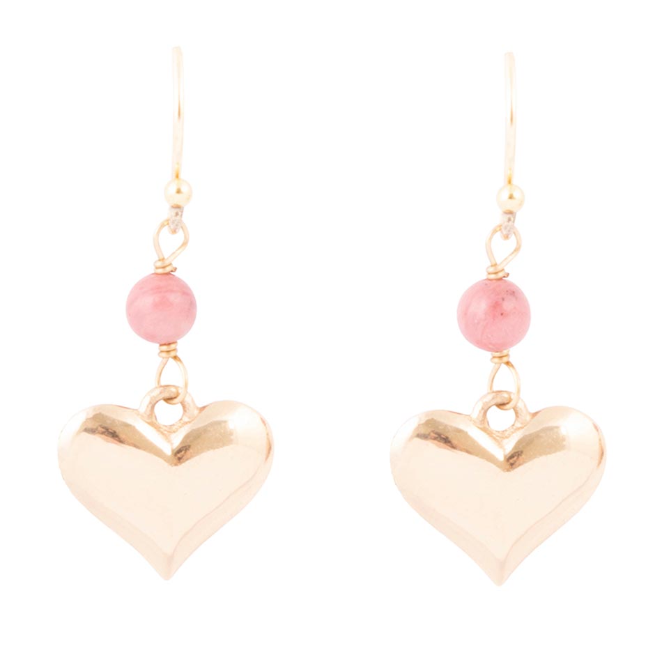 Pink Rhodonite and Golden Bronze Heart Charm Earrings