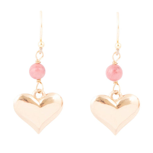 Pink Rhodonite and Golden Bronze Heart Charm Earrings