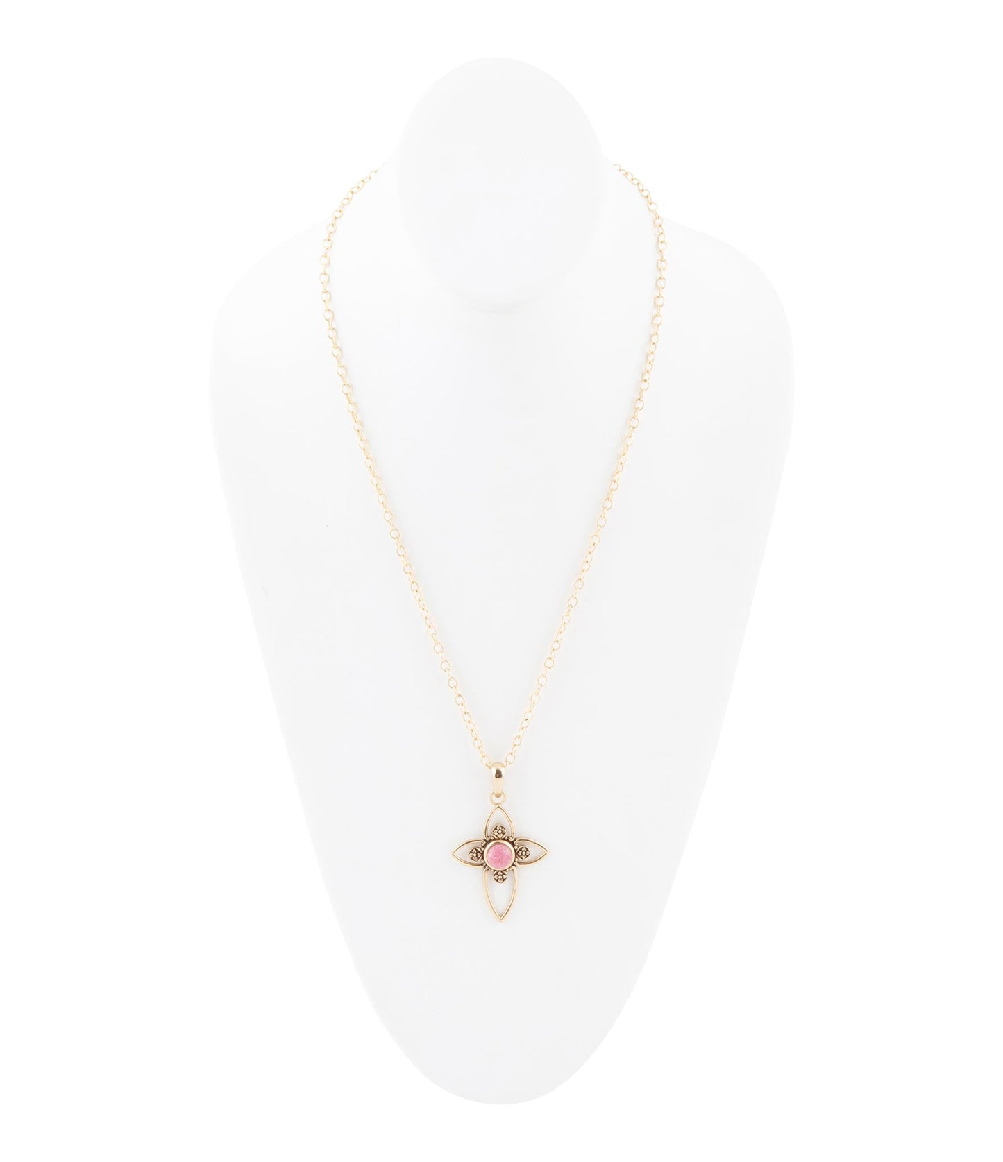 Pink Rhodonite Golden Cross Pendant Necklace