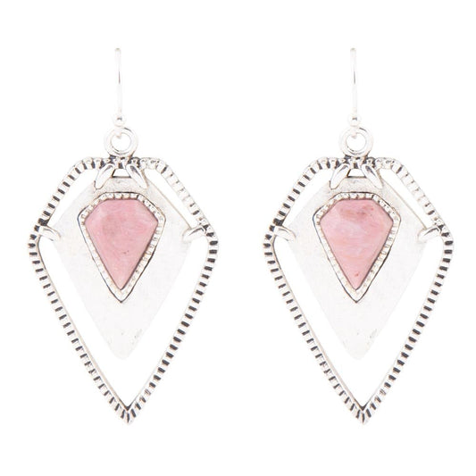 Pink Rhodonite Shield Sterling Silver Drop Earrings