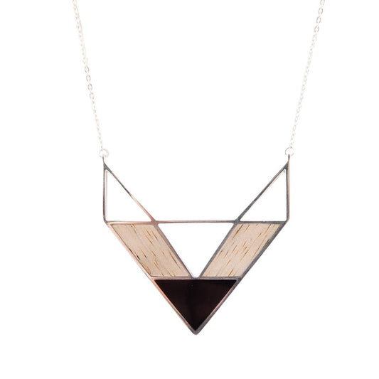Point Made Wood and Onyx Sterling Silver Necklace