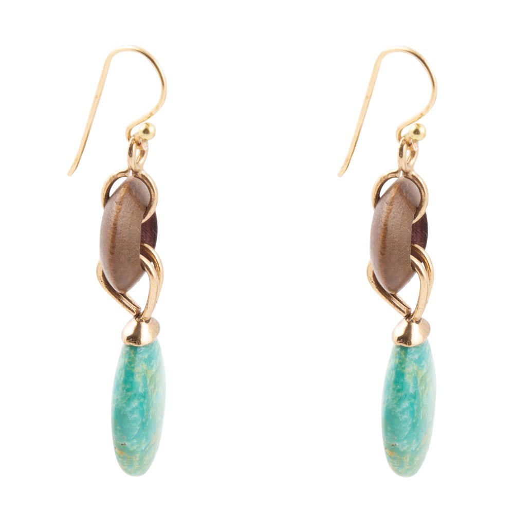 Precious Green Turquoise and Wood Golden Bronze Drop Earrings