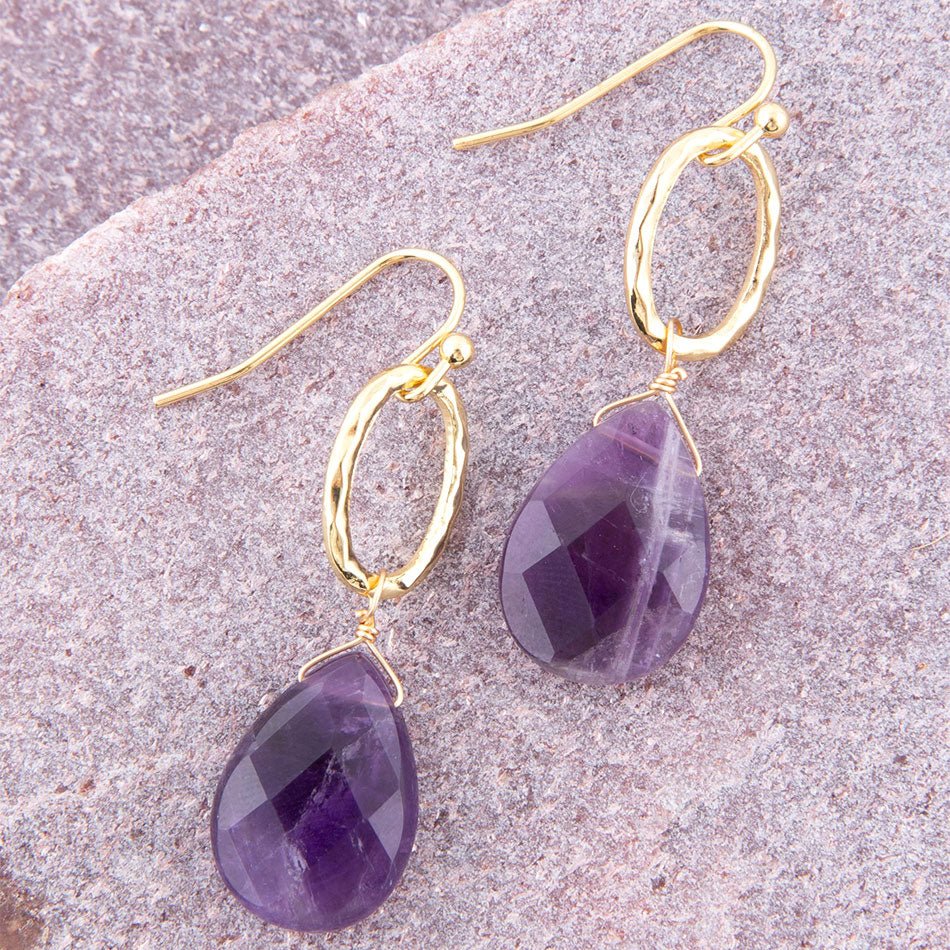 Pretty Drops of Purple Amethyst Golden Drop Earrings