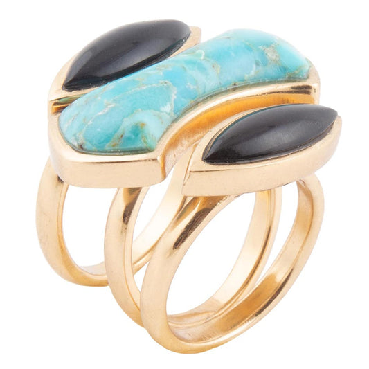 Puzzle Blue Turquoise and Black Onyx Golden Ring Set