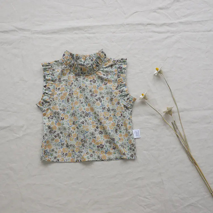 Retro Floral Toddler Girl Summer T-shirt Vest Outfit - # GIAA21510004