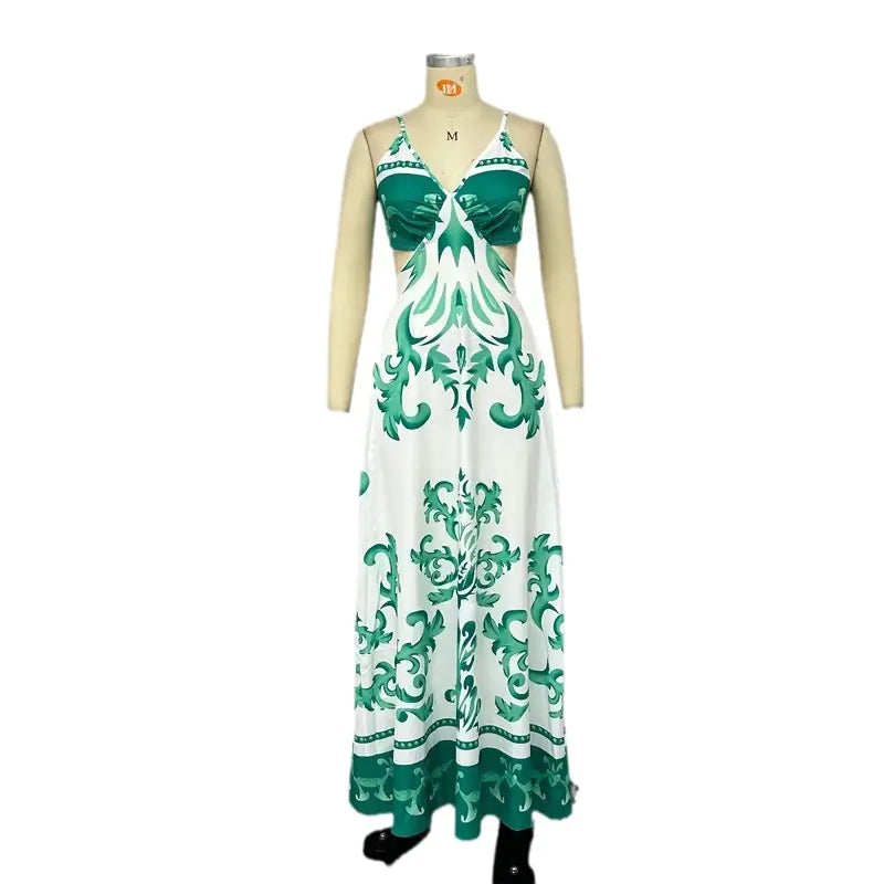 Stylish Printed Backless Vacation Dress - # WOAA211410003-PRG