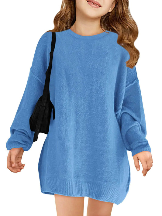 Haloumoning Girls Sweater Dress Casual Crewneck Knit Long Sleeve Fall Winter Dress Pullover 7-8Y-Blue - # GIAA21210009