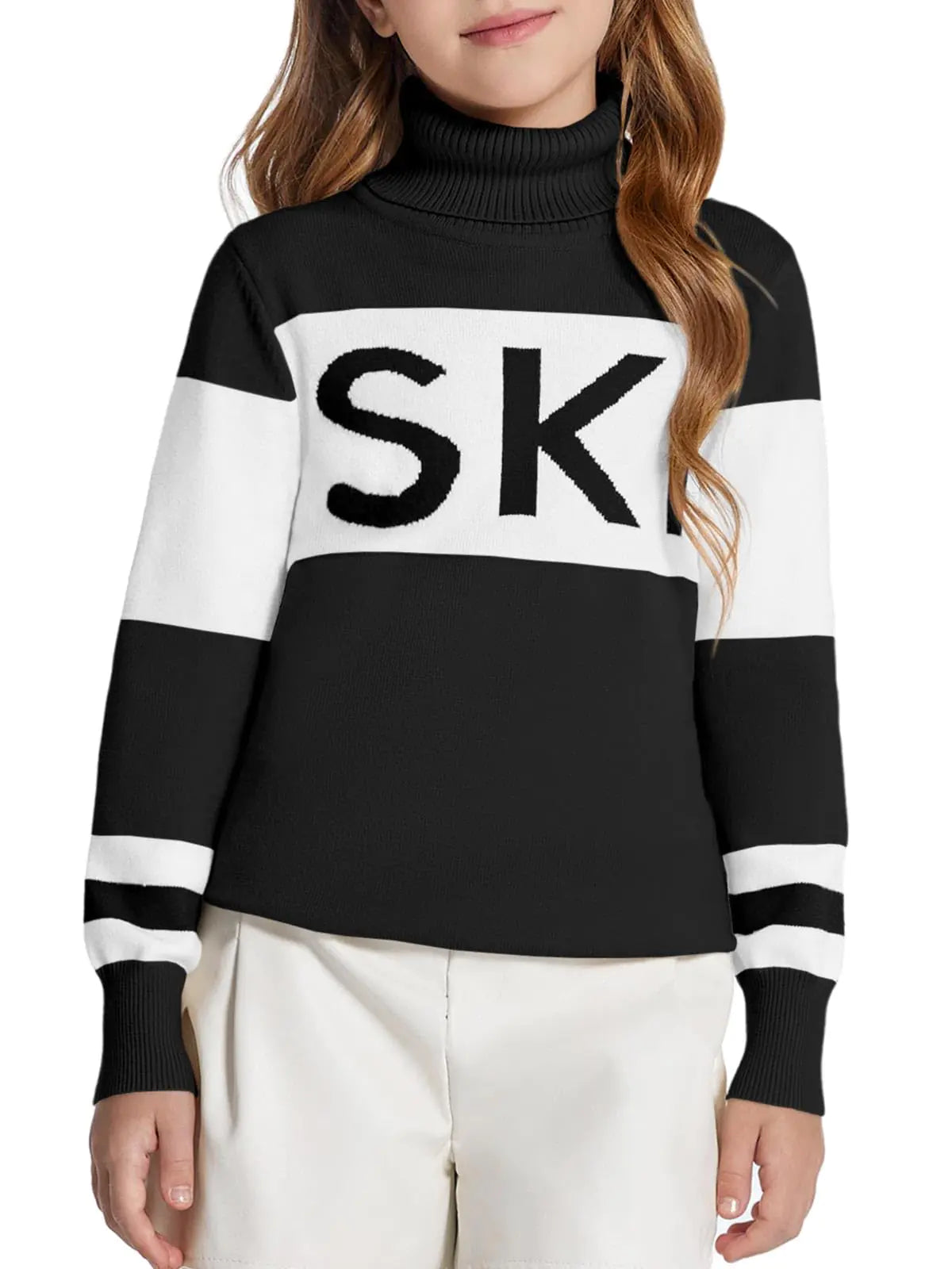 Haloumoning Girls Ski Turtleneck Sweaters Kids Color Block Knit Pullover Jumper 5-14 Years Black - # GIAA22210008