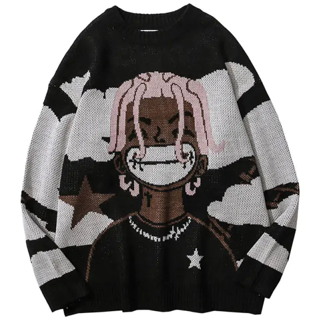 Harajuku vintage cartoon anime knitted sweater men winter oversized - # BOAA13510009
