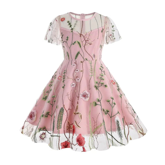 IDOPIP Embroidery Flower Girl Lace Dress for Kids-Wedding/Bridesmaid Party/First Communion Dresses-Little Princess Pageant/Birthday Gown Graduation Homecoming Dresses - Pink - Short Sleeve 7-8 Years - # GIAA211710026