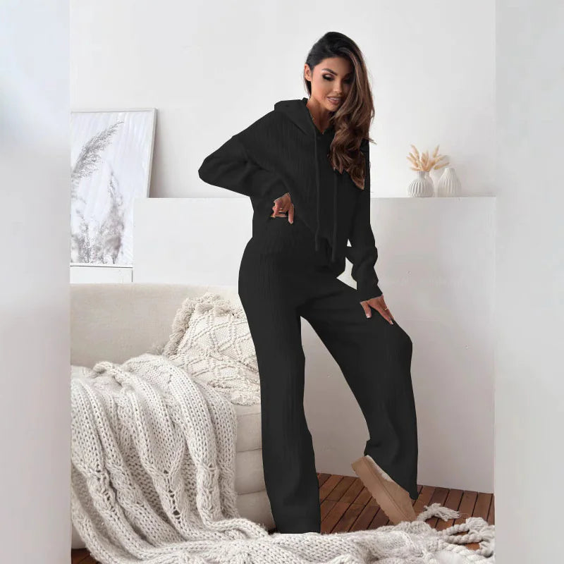 Solid Color Hooded Knitted Lounge Set for Women – Autumn Winter Two-Piece Outfit - # GIAA23910007
