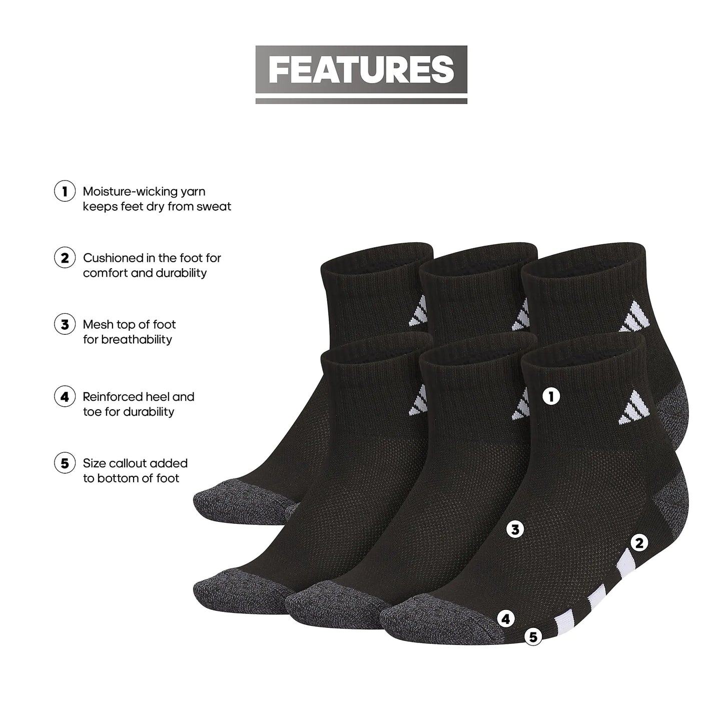 adidas Athletic Cushioned Quarter Socks (6-Pair) for Kids, Boys and Girls, Above The Ankle Fit, Durable Fabric Medium Black/Onix Grey/White - # BOAA11810006