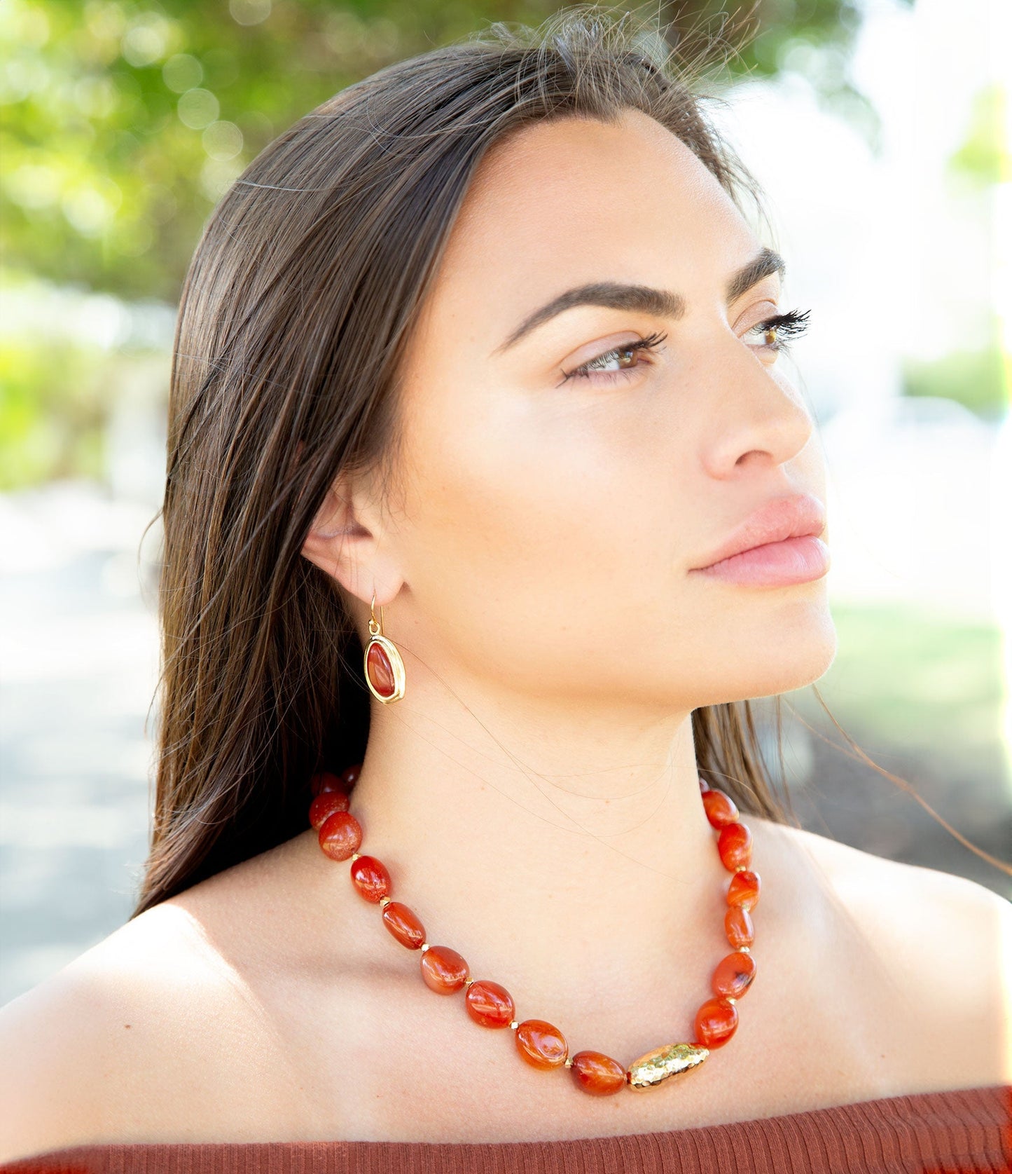 Orange Carnelian Golden Beaded Statement Necklace