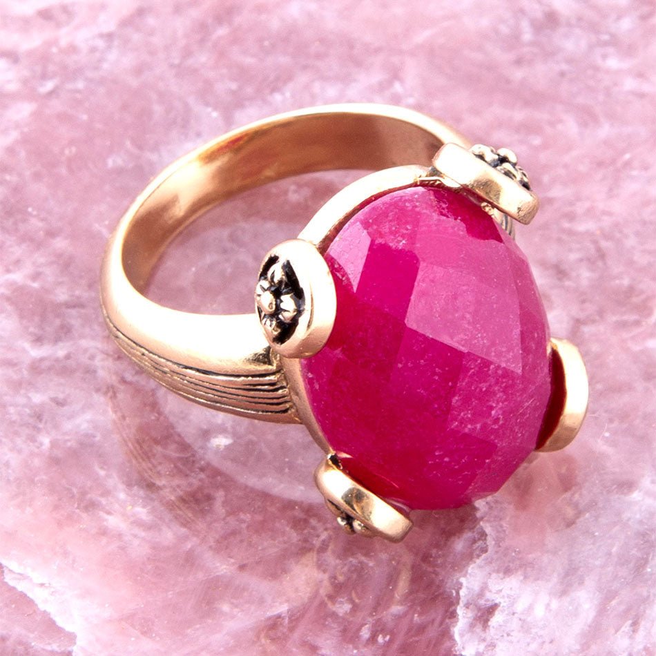 Faceted Red Raspberry Quartz Golden Statement Ring